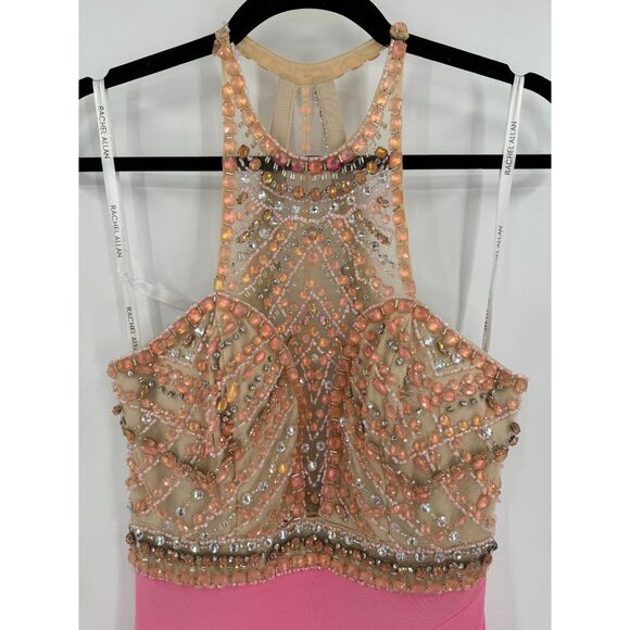 RACHEL ALLEN Pink Hand Beaded Open Back Halter Top Princess 2069 Prom Dress Sz 6 - Picture 4 of 12